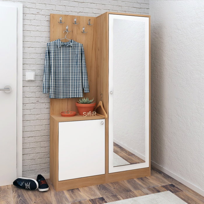 Hanah Home Recibidor Broc Roble y Blanco con Espejo y Perchero Hanah Home Recibidor Broc Roble y Blanco con Espejo y Perchero